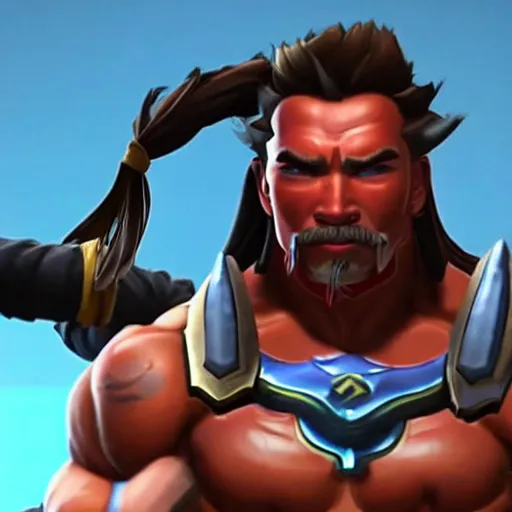 Image similar to a screenshot of arnold schwarzenegger as hanzo in overwatch