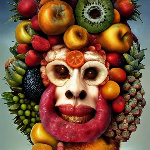 Image similar to giuseppe arcimboldo, beautiful fruit face, new scifi movie, film still