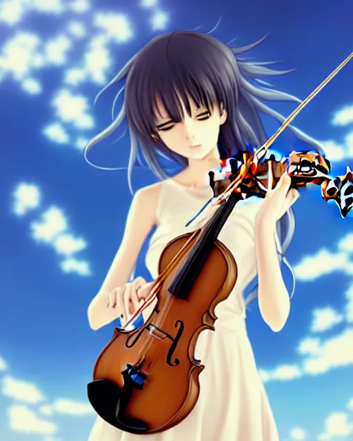 Prompt: anime style, cute, full body, a female with white skin and golden long wavy hair holding a violin and playing a song, heavenly, stunning, filters applied, lunar time, trending art, sharp focus, centered, landscape shot, happy, fleeting dream, simple background, studio ghibly makoto shinkai yuji yamaguchi, by wlop