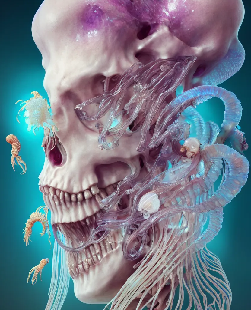 Image similar to goddess close-up portrait human skeleton, ram skull, jellyfish, orchid, betta fish, bioluminiscent, intricate artwork by Tooth Wu and wlop and beeple. octane render, trending on artstation, greg rutkowski very coherent symmetrical artwork. cinematic, hyper realism, high detail, octane render, 8k