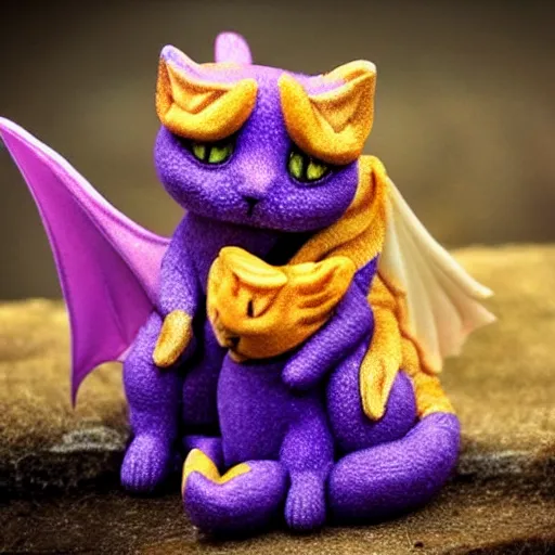 Image similar to tiny adorable purple fantasy dragon, the dragon is hugging an orange tabby cat, orange tabby cat hugging tiny purple dragon