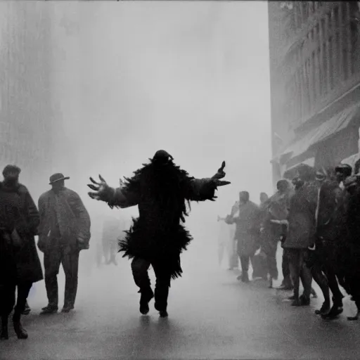 Prompt: old black and white photo, 1 9 1 3, depicting a techno viking shaman rampaging through the bustling streets of new york city, historical record, volumetric fog