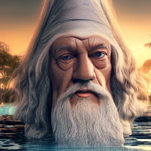 Image similar to picture of gandalf the grey relaxing at a poolside, 3 d, cinematic lighting