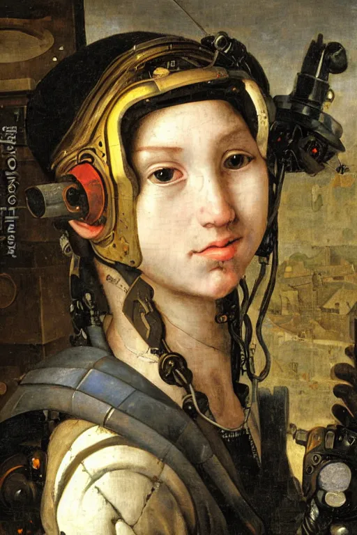 Image similar to a close - up portrait of a cyberpunk cyborg girl, by jan steen, rule of thirds