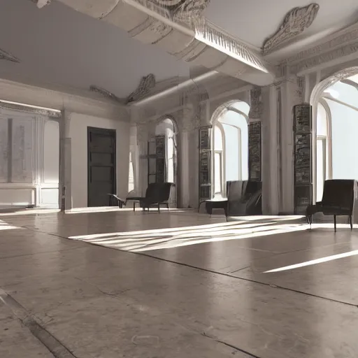 Prompt: Virtual Set, architectural digest, studio floor, wide shot, highly reflective light, made in unreal engine -W 2000
