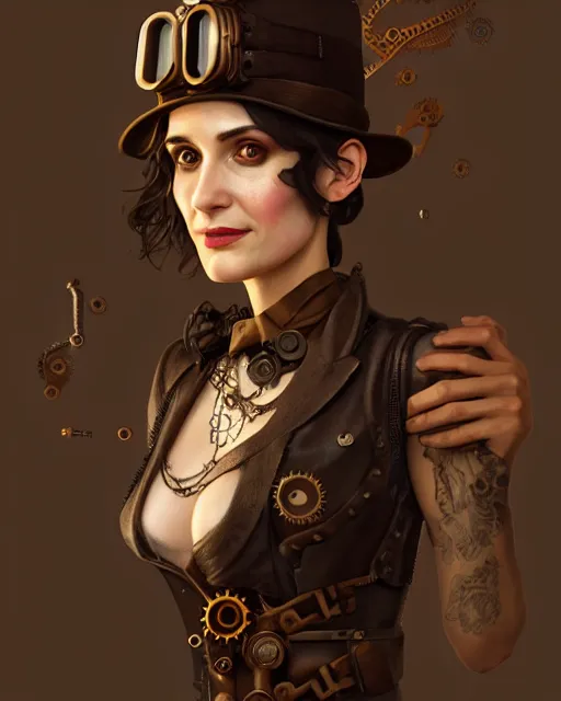 Image similar to steampunk portrait of winona ryder, au naturel, hyper detailed, digital art, trending in artstation, cinematic lighting, studio quality, smooth render, unreal engine 5 rendered, octane rendered, art style by klimt and nixeu and ian sprigger and wlop and krenz cushart.