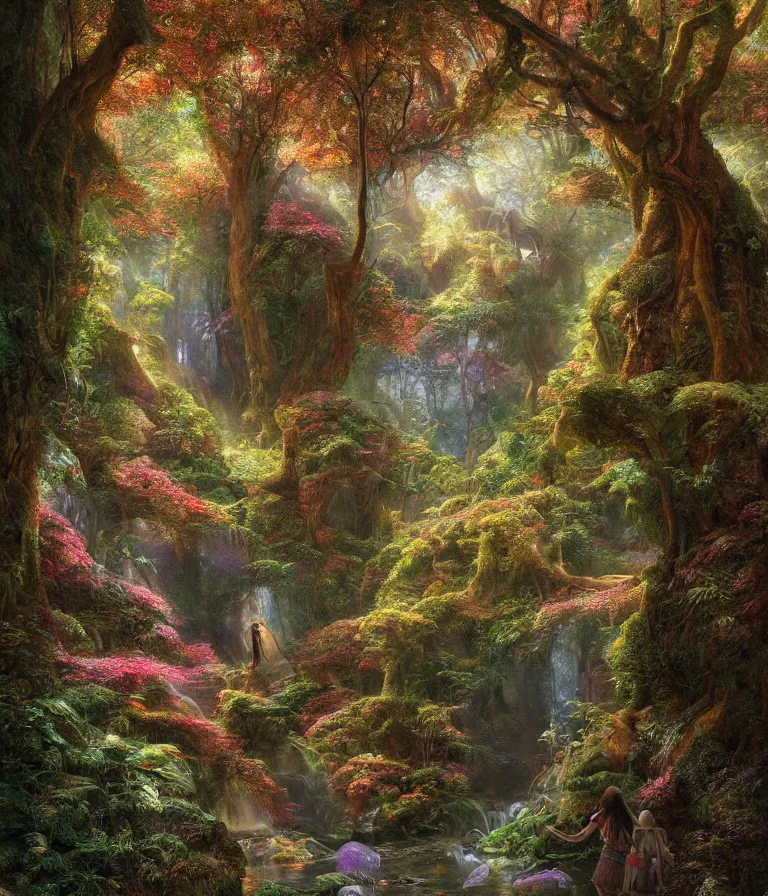 Image similar to a beautiful hyperrealistic detailed painting of a thin climbing path climbing through an enchanted fantasy forest, by federic edwin church, by alex heywood, by hayao miyazaki, epic scale, 3 d, brilliantly coloured, intricate, ultra wide angle, trending on artstation, golden ratio, morning, volumetric lighting, polished, micro details