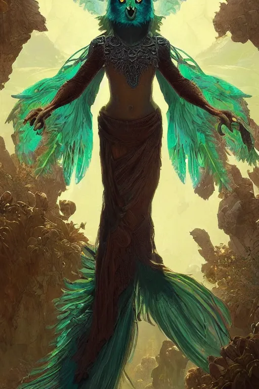 Image similar to a beautiful upper body shot from a fantasy film of a humanoid iridescent green owlbear wearing a loose tunic. an anthropomorphic phoenix. fantasy, frown, intricate, elegant, highly detailed, digital painting, artstation, concept art, matte, sharp focus, illustration, art by artgerm and greg rutkowski and alphonse mucha