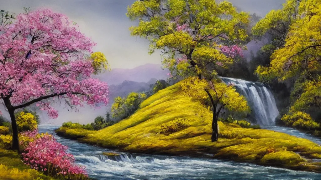 Image similar to A beautiful landscape oil painting of a hill with trees, some people are getting a shower in the river and some others are under the trees, the spring has arrived and the trees are blooming and covered with yellow, pink, purple and red flowers, the river come from the waterfall and is zigzagging and flowing its way, the river has lots of dark grey rocks, by Greg Rutkowski