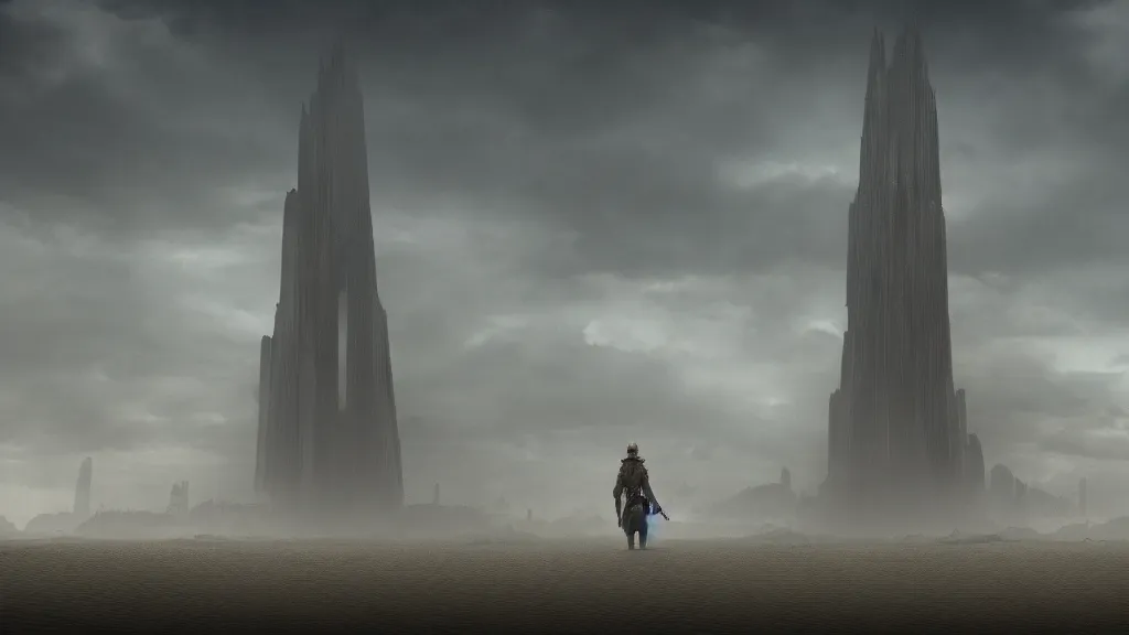 Prompt: patrick jones rutkowski the last tower. sand. lonely. ominous. outlaw quest 3 8 4 0 x 2 1 6 0