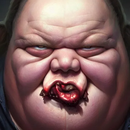 Image similar to hyper realistic, close up portrait of a disgusting fat slob by greg rutkowski, scott m fischer, artgerm, loish, atmospheric, anne stokes, alexandros pyromallis