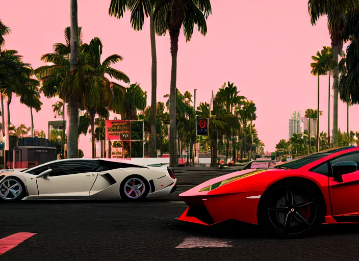 Image similar to still next - gen ps 5 game grand theft auto 6 2 0 2 4 remaster, graphics mods, rain, red sunset, people, rtx reflections, gta vi, miami, palms and miami buildings, photorealistic screenshot, unreal engine, 4 k, 5 0 mm bokeh, close - up lamborghini aventador, gta vice city remastered, artstation