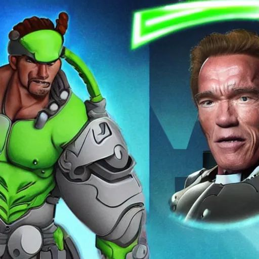 Image similar to a screenshot of arnold schwarzenegger as genji in overwatch, detailed, hyper realistic, award winning photo