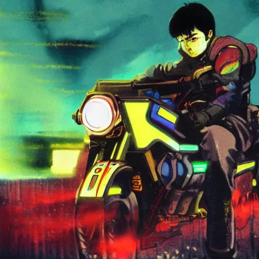 Image similar to kaneda on his motorcycle in neo tokyo looking for akira, night, neon lights, speed, art by katsuhiro otomo, ultra detailed, 8 k