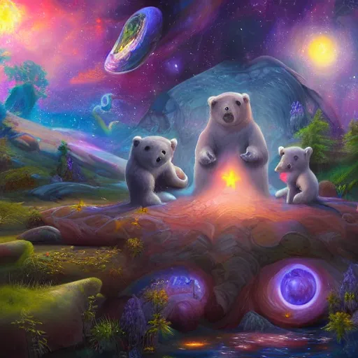 Prompt: a mystical dream with cosmic bears, award-winning art, trending on artstation, digital painting, matte painting, hyper detailed, 8k