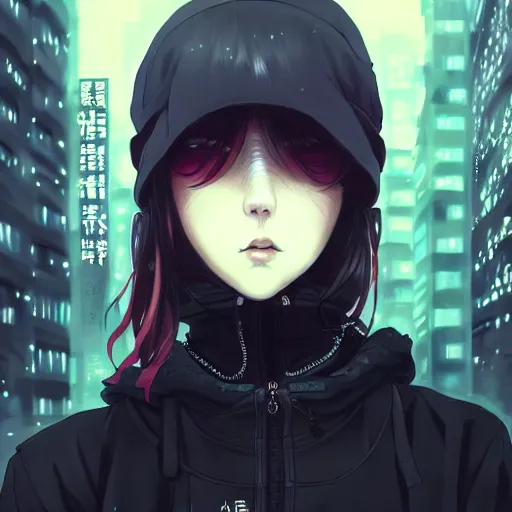 Image similar to by kyoto animation, cool girl wearing cyberpunk intricate streetwear, beautiful, detailed symmetrical close up portrait, intricate complexity, in the style of artgerm and ilya kuvshinov, cell shaded, 4 k, concept art, by wlop, krenz cushart, greg rutkowski, pixiv. cinematic dramatic atmosphere, cinematic lighting, studio quality