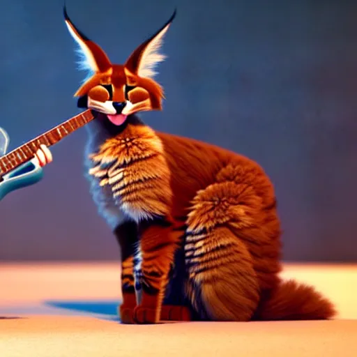 Prompt: cute fluffy caracal playing a guitar, fully detailed, high quality , 4k , octane render , soft light , masterpiece