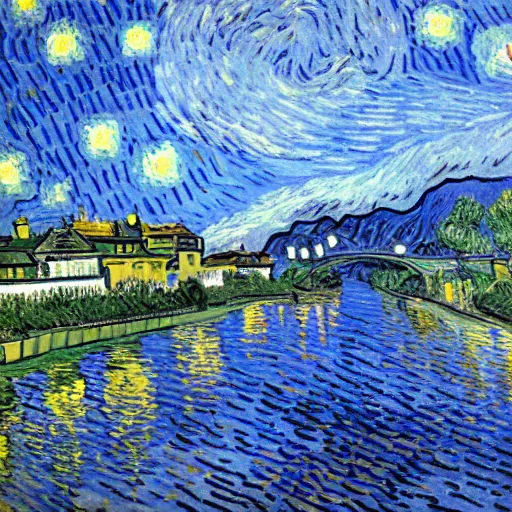 Prompt: A photograph of switzerland with Van gogh sky