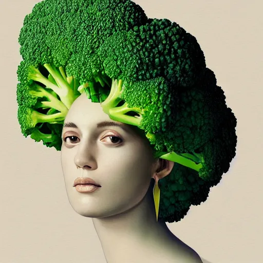 Image similar to the portrait of broccoli that resembles an unbelievably beautiful and sophisticated young woman, an ultrafine detailed illustration by james jean, intricate linework, bright colors, final fantasy, behance contest winner, vanitas, angular, altermodern, unreal engine 5 highly rendered, global illumination, radiant light, detailed and intricate environment