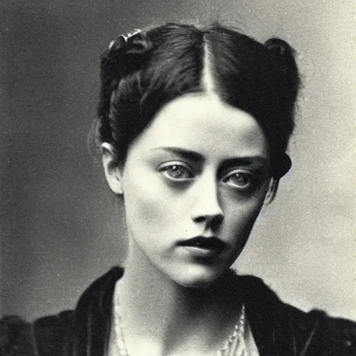 Image similar to victorian photograph of amber heard, 1 8 9 0 s photography, 1 9 0 0, realistic face, symmetrical face, studio photograph, grainy, edwardian, old photo