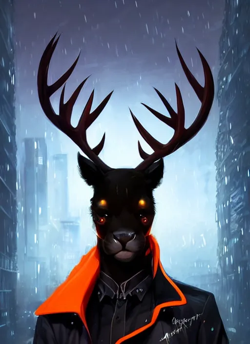 Image similar to award winning beautiful portrait commission of a male furry anthro Black Reindeer fursona with a tail, wings and a cute beautiful attractive detailed furry face wearing stylish black and orange cyberpunk clothes in a cyberpunk city at night while it rains. Character design by charlie bowater, ross tran, artgerm, and makoto shinkai, detailed, inked, western comic book art