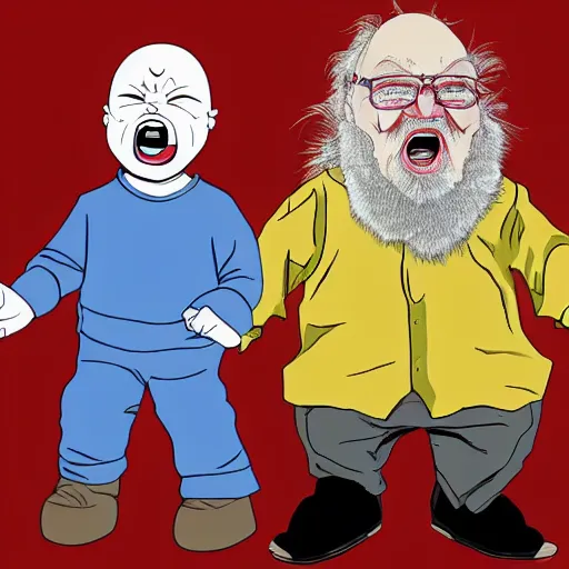 Image similar to george rr martin in a cartoon with screaming chucky doll