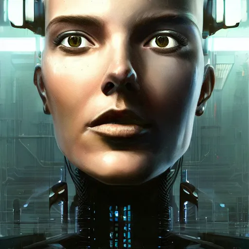 Image similar to professional painting of monumental conscious supercomputer with huge - cybernetic - face!!!! in endless server room, trending on artstation, cyberpunk, sci - fi, futuristic, by greg rutkowski and maciej kuciara, high quality