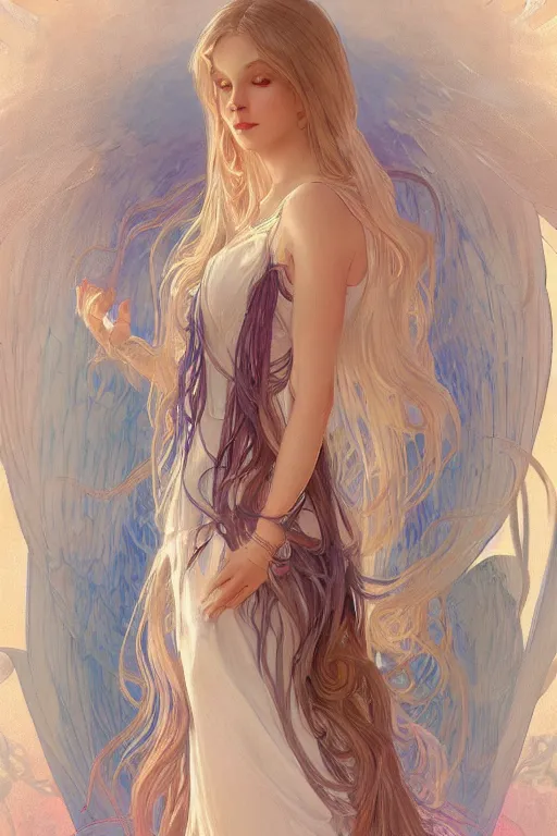 Prompt: A beautiful angelic woman with white long flowy hair, cinematic lighting, soft bokeh, sci-fi, modern, colourful, highly detailed, digital painting, artstation, concept art, sharp focus, illustration, by alphonse mucha