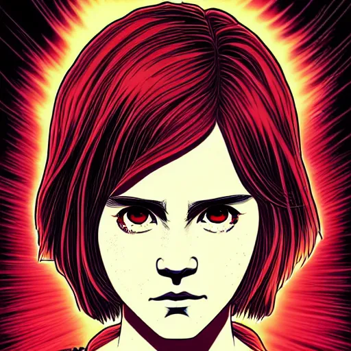 Image similar to a comic book style japanese horror poster of Emma Watson by dan mumford, yusuke murata and junji ito, blood lines, yokai, shinigami, eyes, shurikens, kanji, synthwave, 8k, unreal engine, trending on artstation, pixiv, intricate details, volumetric lighting