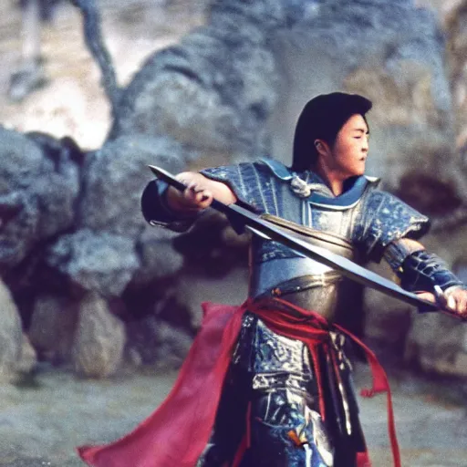 Image similar to xianxia fantasy, french swordsman fighting chinese swordsman, xuanhuan martial artist fighting european knight, chinese swordsman fighting medieval european swordsman, fantasy, wuxia, pseudo - medieval fantasy, cinematic, 1 9 8 6 movie screenshot