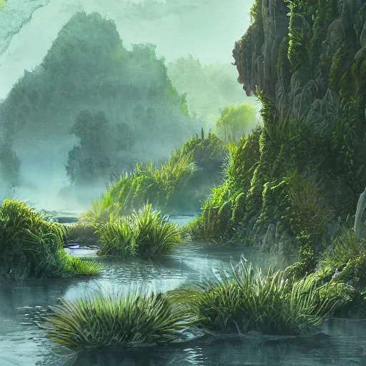 Image similar to beautiful detailed watercolor of a lush natural scene on an alien planet by vincent bons. ultra sharp high quality digital render. detailed. beautiful landscape. weird vegetation. water. soft colour scheme. grainy.