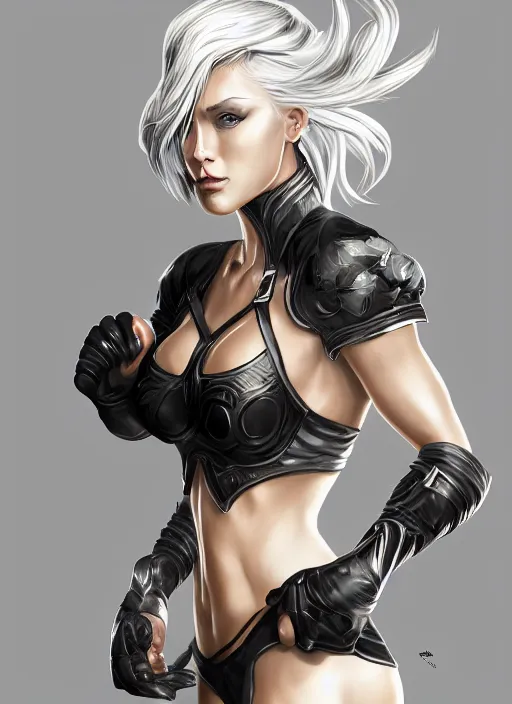 Prompt: a highly detailed illustration of short haired platinum blonde woman wearing black mma bra and gloves, dramatic fight pose, muscular, intricate, elegant, highly detailed, centered, digital painting, artstation, concept art, smooth, sharp focus, league of legends concept art, WLOP