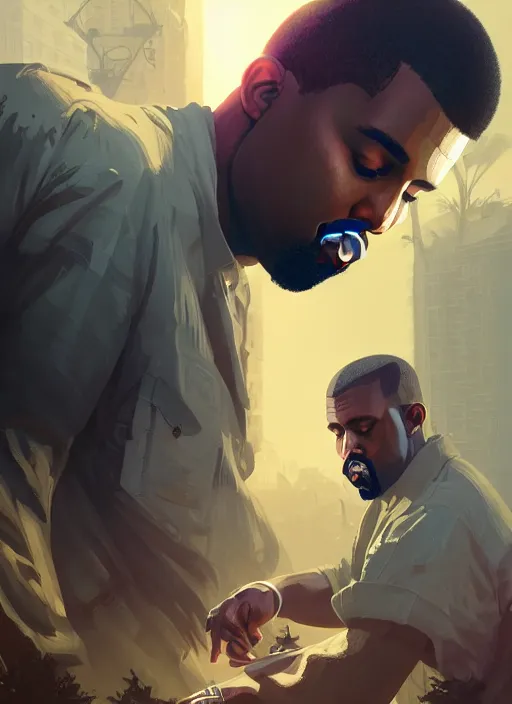 Image similar to highly detailed portrait kanye west detailed hands in gta v stephen bliss unreal engine fantasy art by greg rutkowski loish rhads ferdinand knab makoto shinkai lois van baarle ilya kuvshinov rossdraws tom bagshaw global illumination radiant light detailed intricate environment