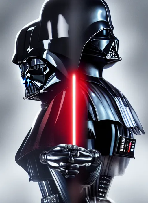 Image similar to Film poster, Darth Vader VS RoboCop, faces look at each other, detailed and realistic, 4k, filmic render