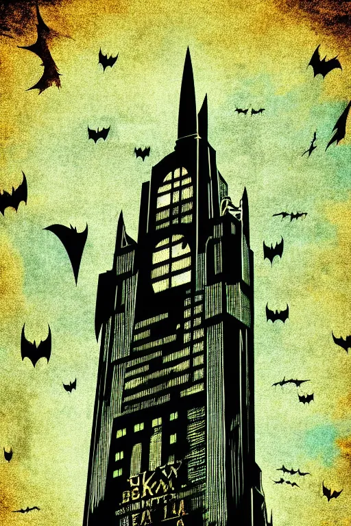 Prompt: gotham city with batman logo in sky, aesthetic, fantasy, bioshock pop art, by mike swiderek, jorge lacera, ben lo, tyler west,, ultrarealistic, sharp focus, intricate, ultra high definition details, shadow effect