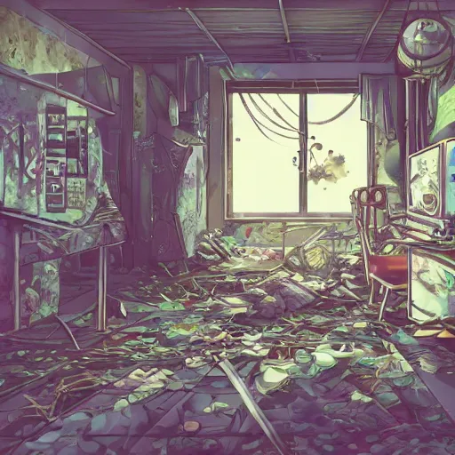 Prompt: anime background of the interior of a bedroom in the slums with a loft bed, book case, computer desk, blowling alley carpet, and built from various coral seashells and being reclaimed by nature, nostalgia, vaporwave, litter, steampunk, cyberpunk, caustics, anime, vhs distortion, dynamic shot, cinematic letterbox, art created by miyazaki