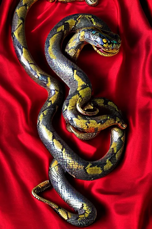 Image similar to chrome ornated african snake statue layed on a red silk fabric, by hedi xandt and antonio corradini, macabre art, dark surrealism, epic and cinematic view, volummetric light, texturized, detailed, 8 k