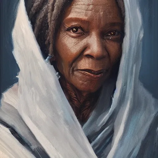 Image similar to portrait of a woman by greg rutkowski, old jedi master, afroamerican, wise and serene, star wars expanded universe, she is about 7 0 years old, wearing jedi robes.