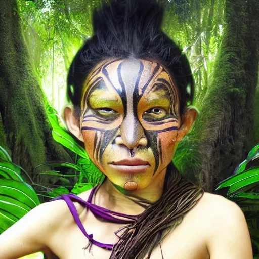 Prompt: beautiful matte painting of a portrait of a plant teacher spirit uchu sanango in the jungle, tribal face paintings, ayahuasca, matte painting, realistic