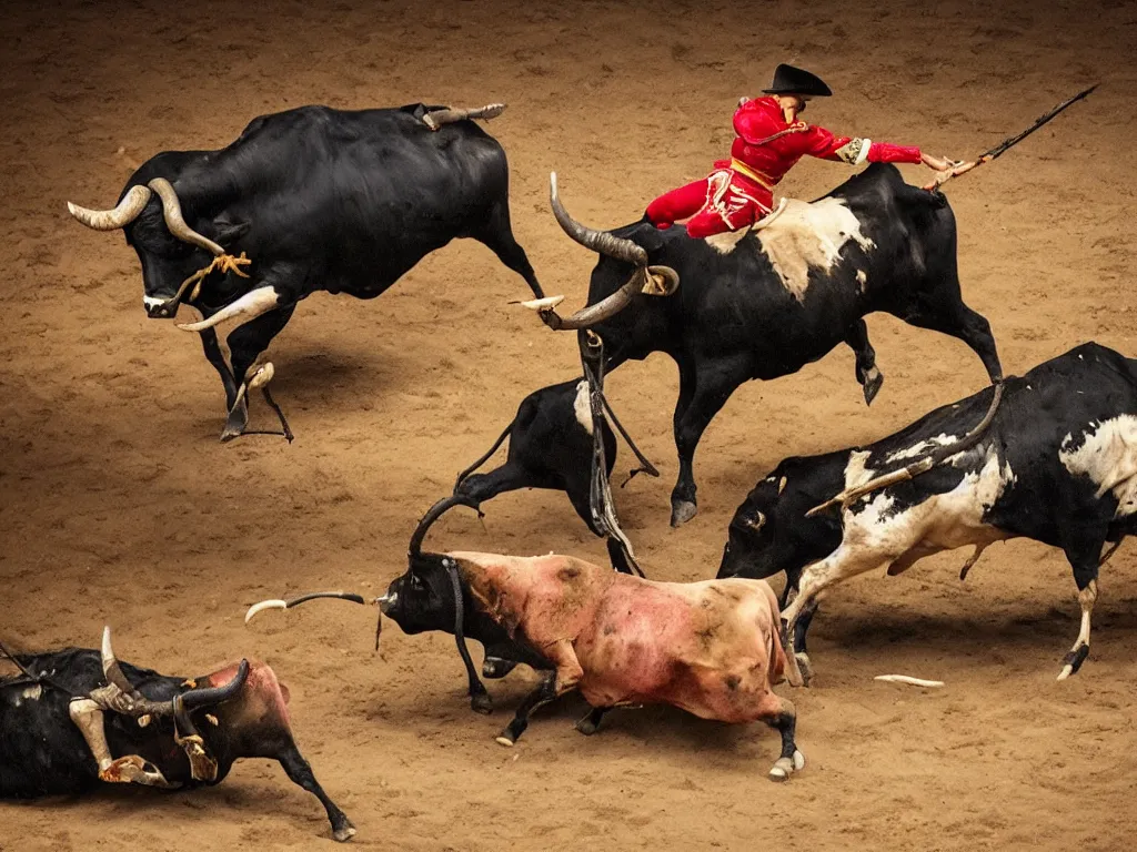 Prompt: matador challenging a bull in a ramen bowel filled with a desert