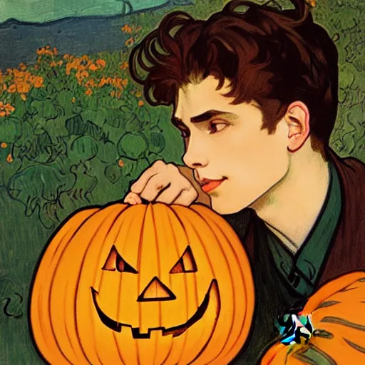 Prompt: painting of handsome young delicate beautiful jeffrey in his 2 0 s with brown hair and gorgeous rina together at the giant jack o'lantern halloween party holding pumpkins, elegant, clear, painting, stylized, art, art by alphonse mucha, vincent van gogh, egon schiele,