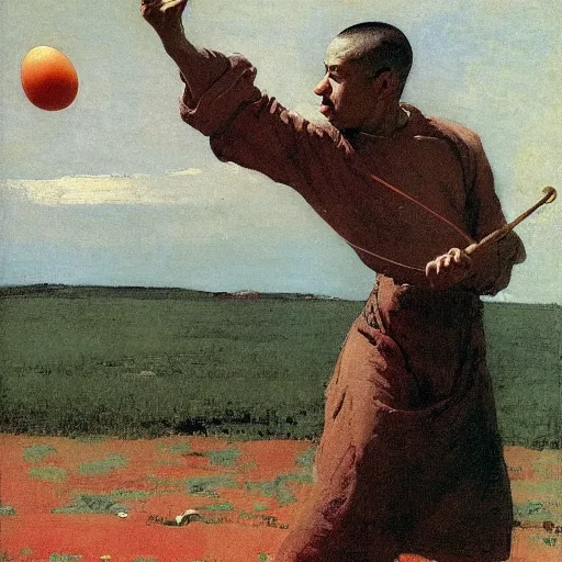 Prompt: monk twirling an egg brandishing winslow homer craig j. spearing thomas eakins