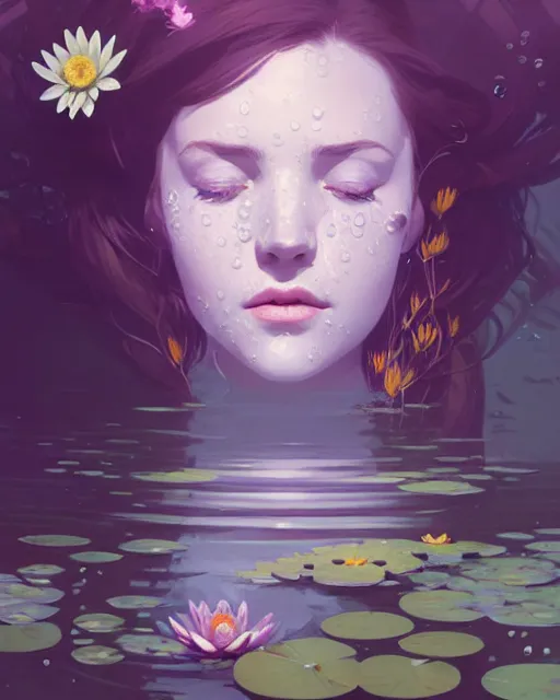 Image similar to hyper - realistic portrait of a ophelia underwater, water lilies, by atey ghailan, by greg rutkowski, by greg tocchini, by james gilleard, by joe fenton, by kaethe butcher, dynamic lighting, gradient light purple, brown, blonde cream and white color scheme, grunge aesthetic