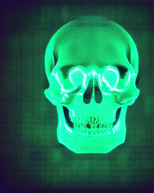 Prompt: glow, chromatic aberration, prismatic, skull, cinematic, retro, vintage, cool, unique, interesting, original, vhs quality