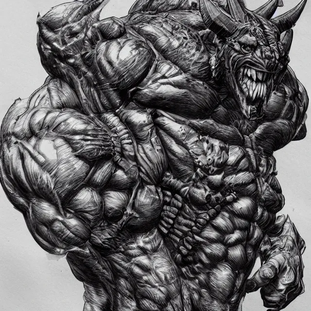 Image similar to detailed ballpoint pen illustration of a muscular gargoyle demon man, concept art, artstation