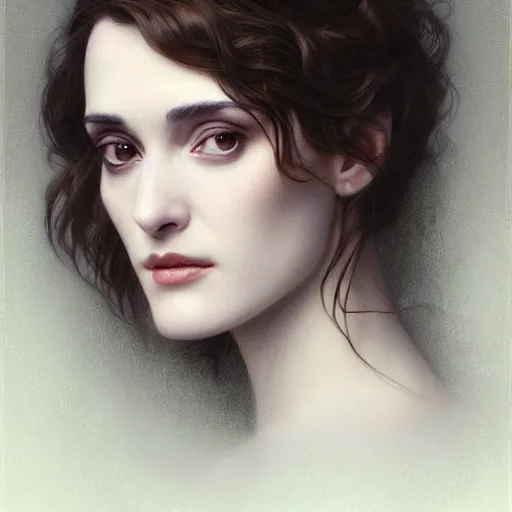 Prompt: beautiful striking Pre-Raphaelite Winona Ryder by Artgerm and Greg Rutkowski, pale, intricate, elegant, highly detailed, digital painting