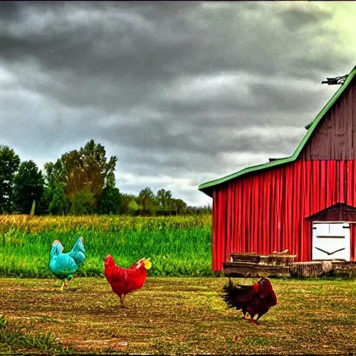 Prompt: Rainbow Roosters and Chickens Near a barn in a farm yard HDR