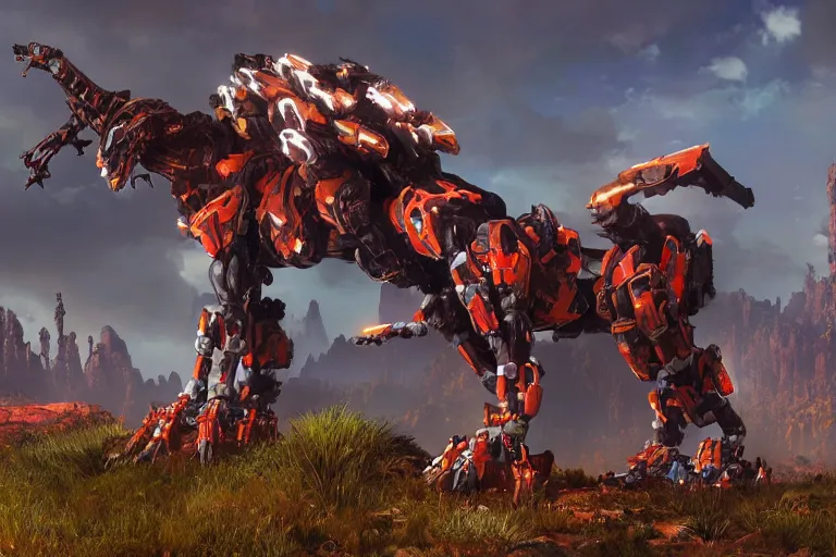 Image similar to fireclaw machine mecha animal beast robot of horizon forbidden west horizon zero dawn bioluminiscence global illumination ray tracing hdr fanart arstation by sung choi and eric pfeiffer and gabriel garza and casper konefal