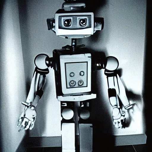 Prompt: a scary robot in the dark, 8 0 s photograph, analog film