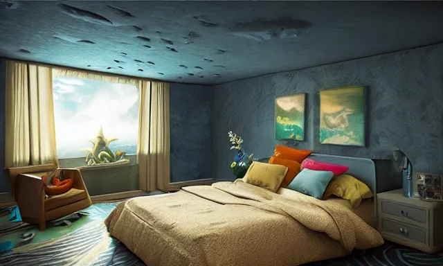 Prompt: a bedroom deep under the sea, photorealistic magazine picture, studio lighting, cozy, extremely detailed and realistic